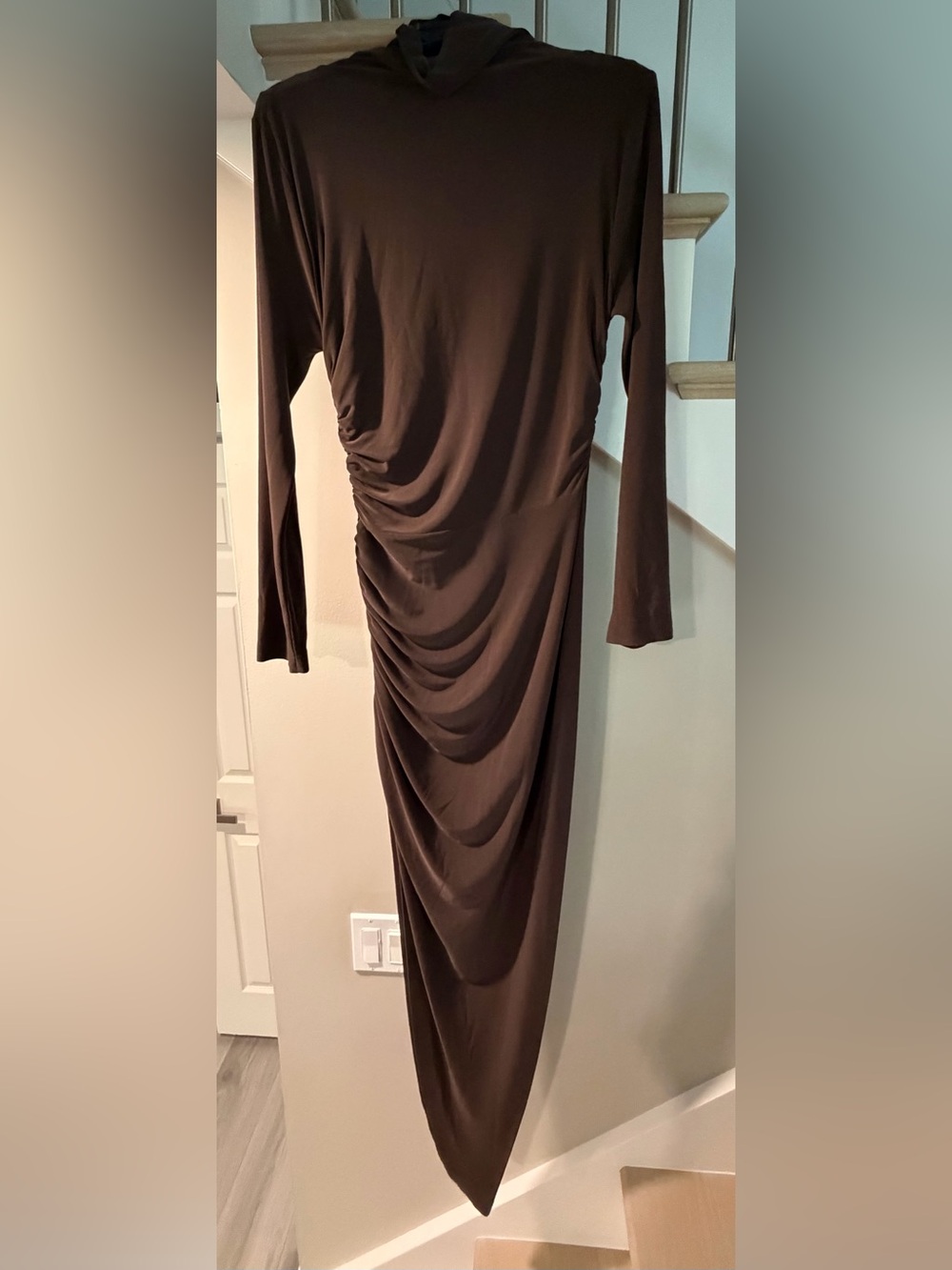 Norma Kamali Brown Long-Sleeve Ruched Maxi Dress
